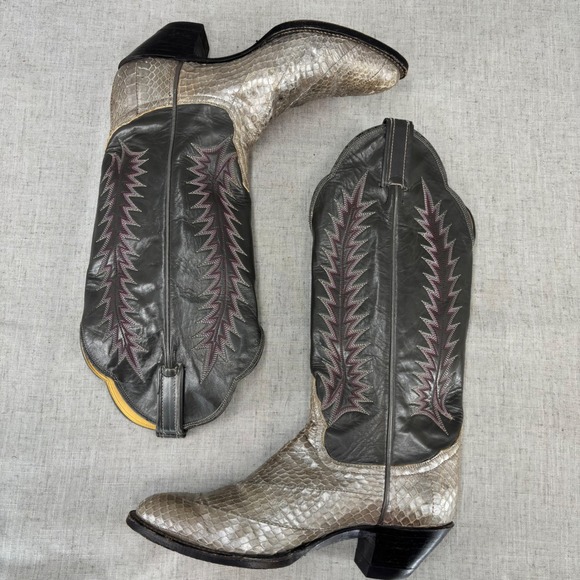 Vintage Tony Lama Snakeskin Cowboy Western Boots 7.5 B Leather Grey‎ Silver Pink - Picture 10 of 12